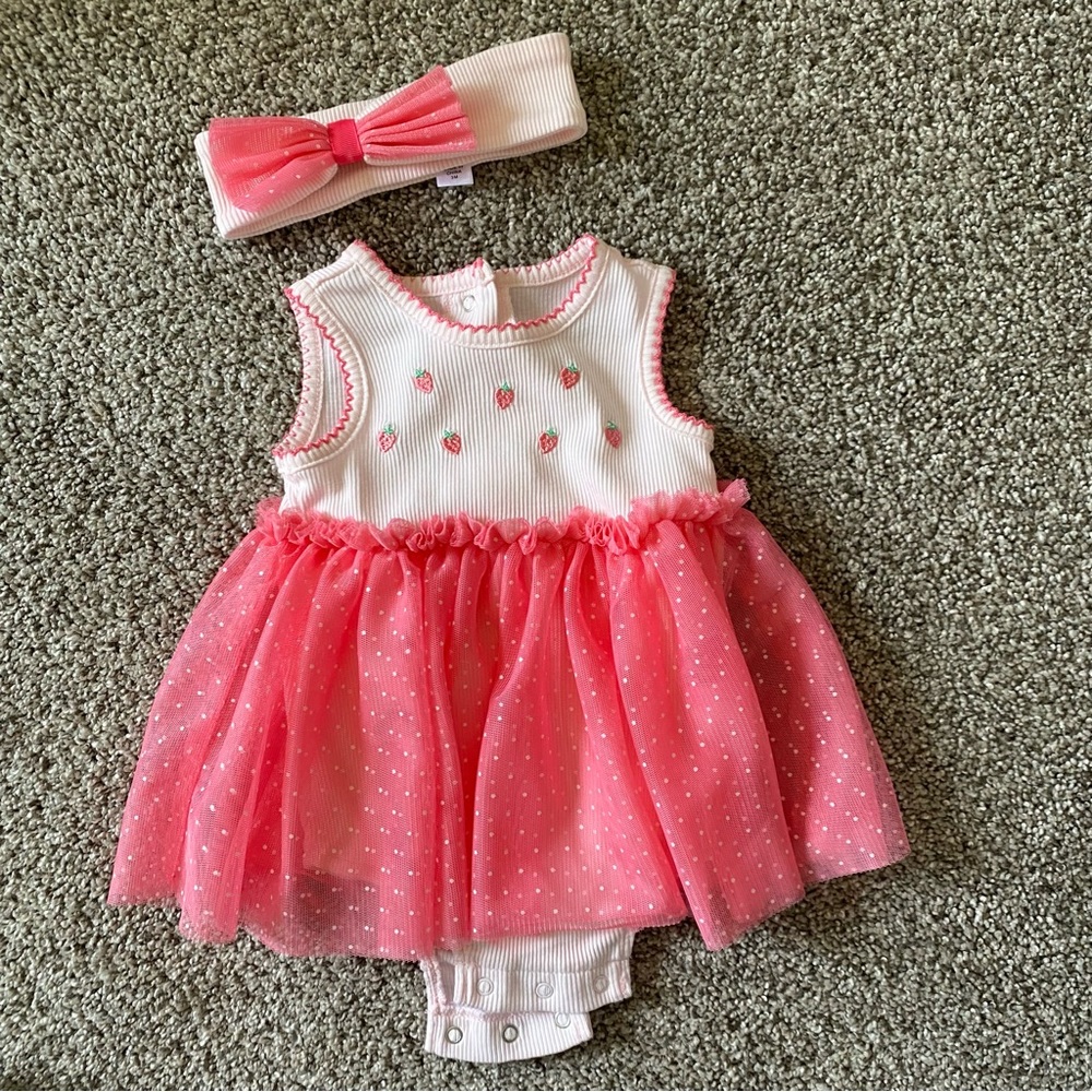Pink Strawberry Print Dress & Matching Headband
